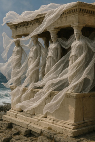 #Caryatids кои течат на ветрот# Стилот на скулптурата е тесно поврзан со античката грчка уметност